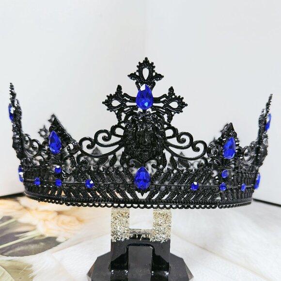 Dark Lord Headpiece, Monarch Crown, Renaissance Crown, Black Crown, Blue Stone